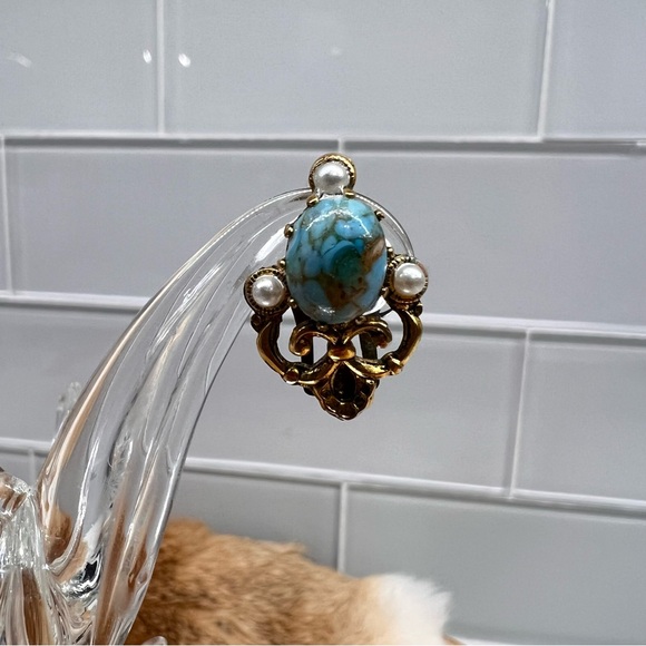 Vtg Victorian Austria Peking Glass Bead Faux Turquoise & Pearls Clip On Earrings - Picture 3 of 9
